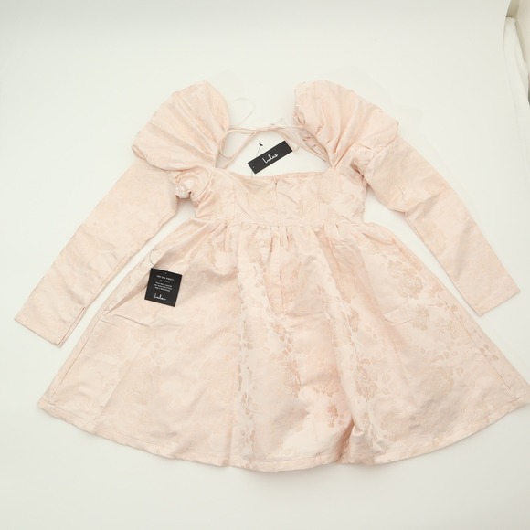 Lulus Pink Floral Jacquard Puff Sleeve Square Neck Tie Back Mini Dress NWT - Picture 9 of 11